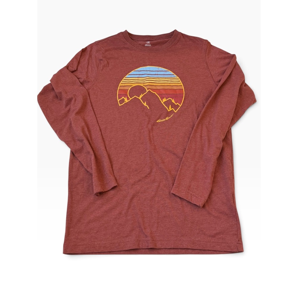 Eddie Bauer Graphic Tee Mens Small Red Long Sleeve Mountain Sunset Cotton Blend